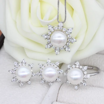 

100% Natural Pearl Jewelry Sets (Earrings+Pendant+Rings) 3 Pieces Sunflower Design Pearl Jewelry 2Sets/Lot