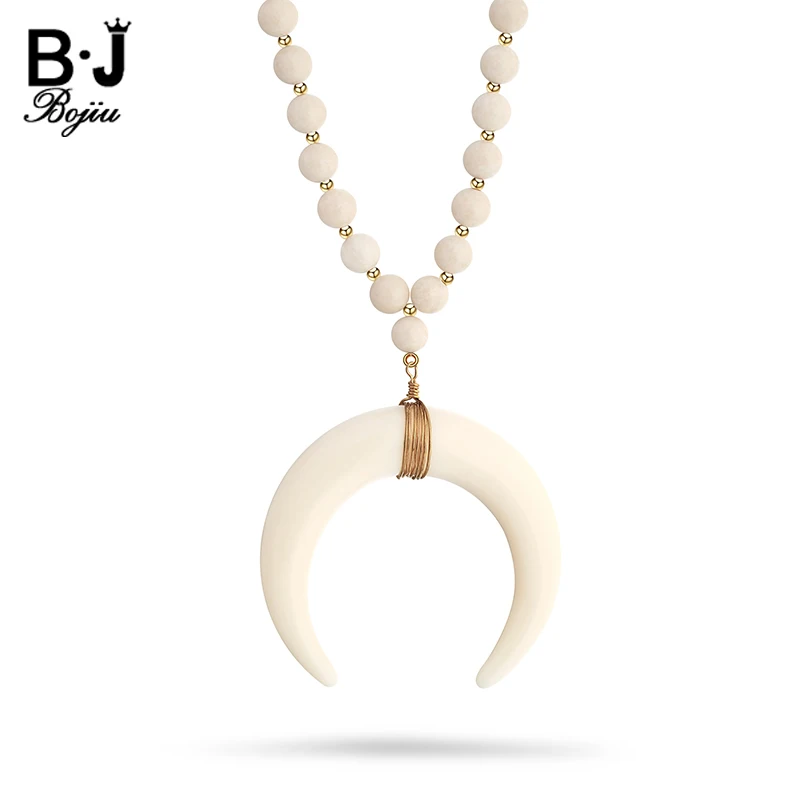 Bojiu Long Necklace For Women Men Natural Stone Trendy Ivory White