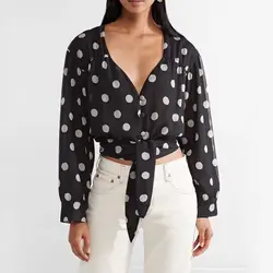 Для женщин в горошек блузы в горошек дизайнер с длинным рукавом Лук шифон Топы корректирующие 2019