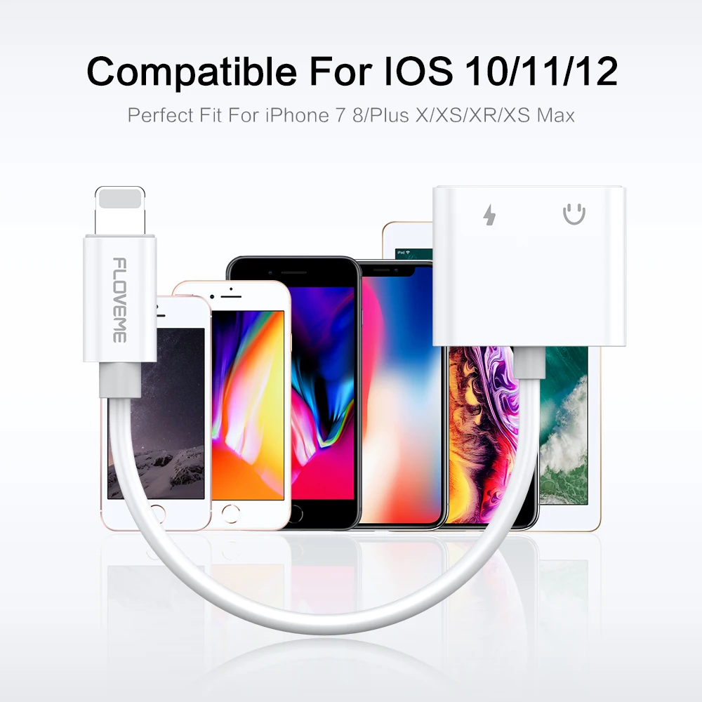 FLOVEME Adapter For iPhone XS Max XR XS X 8 2 in 1 Audio Charge Splitter Converter For Lightning to 3.5mm Jack Headphone Adapter