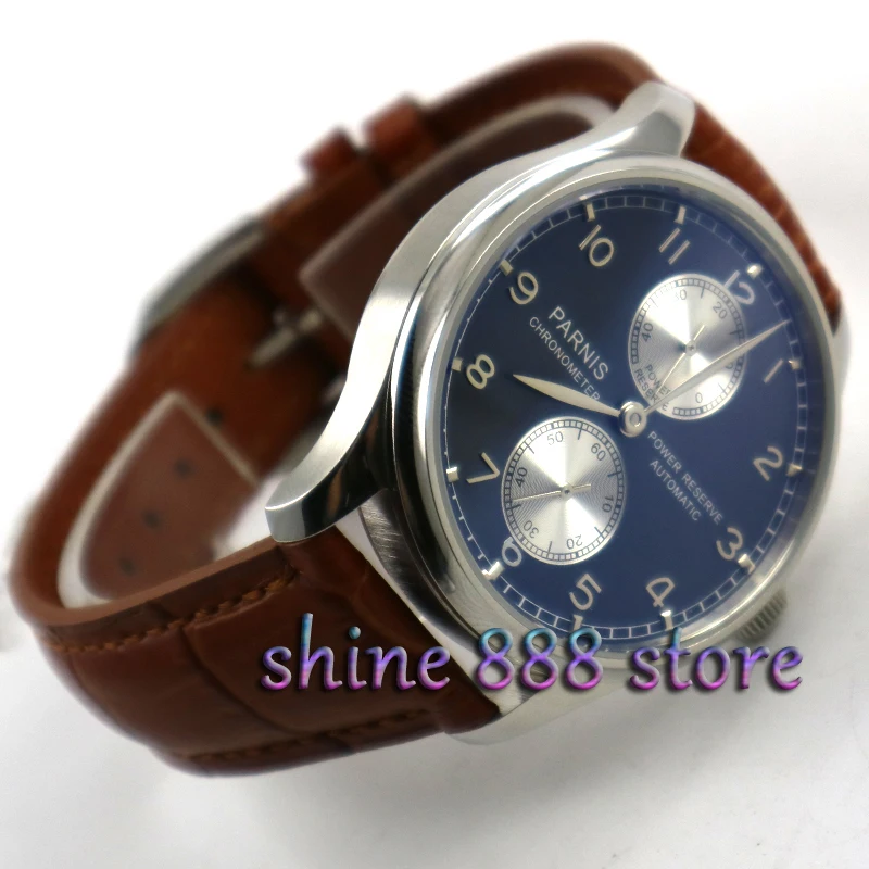 

Parnis 43mm Power reserve blue dial Brown strap ST2542 Automatic movement Men's watch