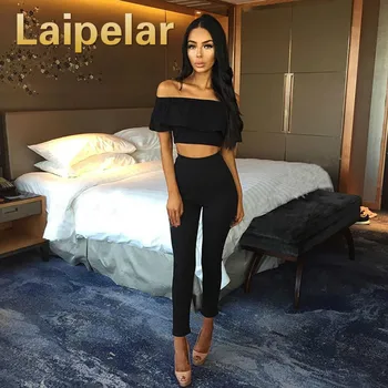 

Laipelar Sexy Off Shoulder 2 Piece Set Long Jumpsuit Slim Ruffles Bodycon Femme Overalls Playsuit Romper Women Clothing Set