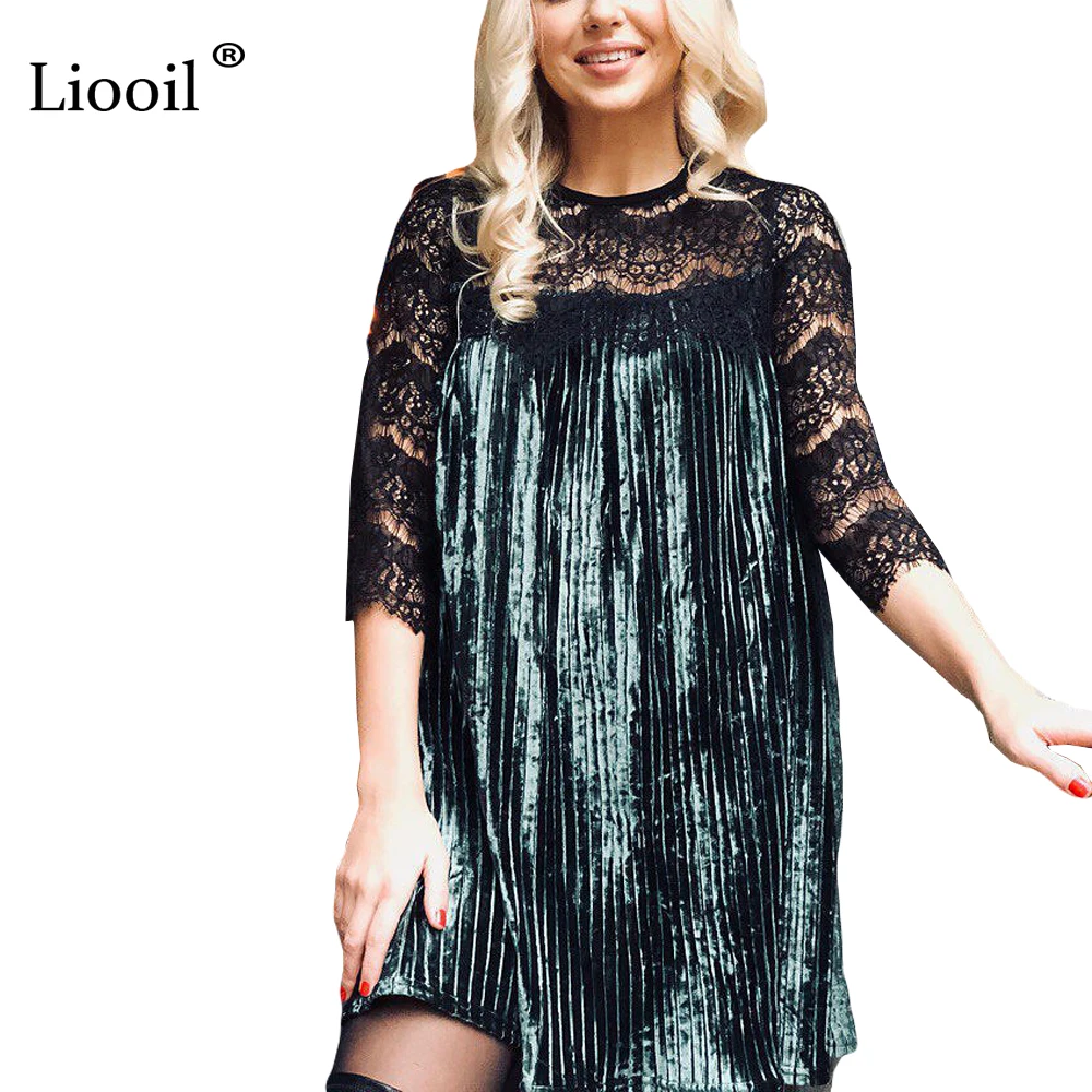 Liooil Sexy Lace Patchwork Green Velvet Dress Sundress 2018 Three Quarter Casual Clothing For Women Summer