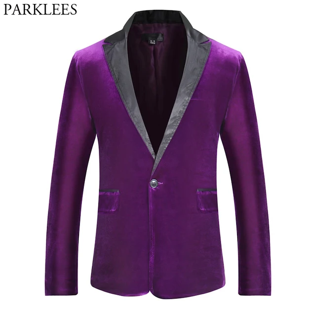 Purple Slim Fit One Button Velvet Blazer Men Brand Peaked Lapel Suit