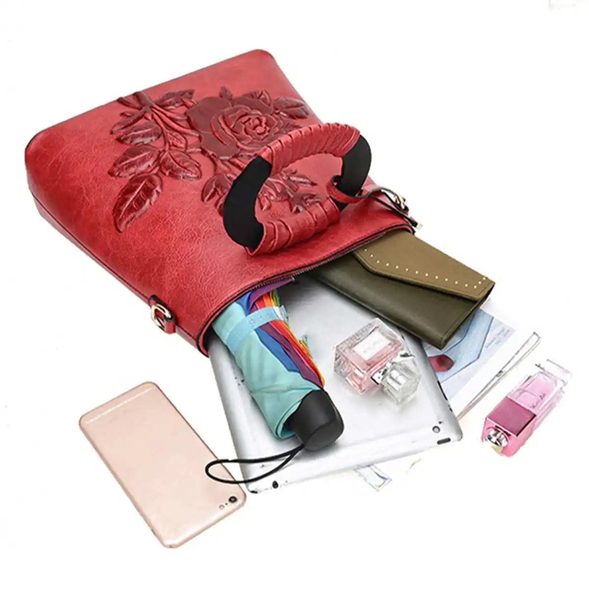 Женская Роскошная сумка с тиснением и цветочным рисунком, сумка через плечо, брендовая Сумка-тоут зеленого и красного цвета, женская сумка из искусственной кожи