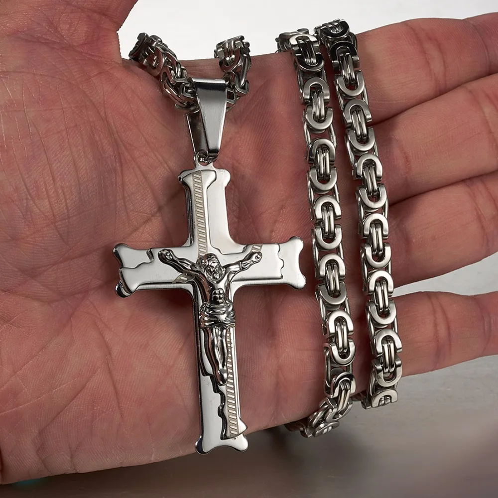 Серебряные ожерелья с крестом Иисуса для мужчин и женщин, ожерелье из нержавеющей стали с 6 мм византийской цепочкой, христианское распятие, ювелирные изделия