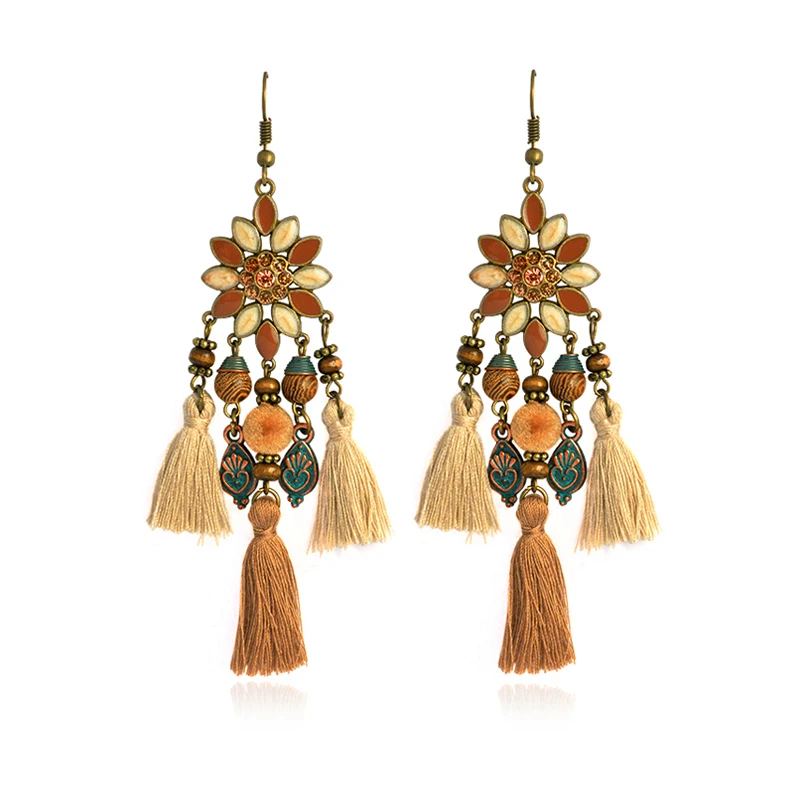 

Coffee Coloured Lucky Flowers Ropes Spikes Tassels Palaces Enamel Earrings Bohemian Seaside Resorts Handmade Thai Jewelry