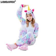 LAISIDANTON Cute Cartoon Animal Colored Unicorn Pajamas Flannel Hooded Long Sleeve Adult Unicorn Pajamas Sleepwear For Women