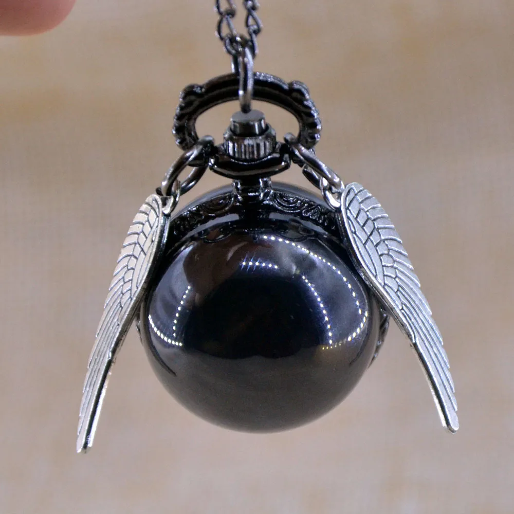 Vintage Black Smooth Harry Potter Ball Silver Wings Quartz Pocket Watch Analog Pendant Necklace Mens Womens Watch Gifts Chain