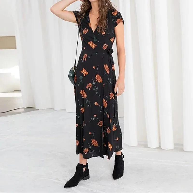 

2019 New Women Black Wrap Dress Short Sleeve V Neck Flower Print Long Dress