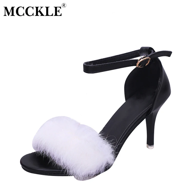 

MCCKLE New 2017 Fashion Summer High Heels Sandals Female Open Toe Fox Fur Sandals Ladies Sexy Party Ankle Strap Shoes