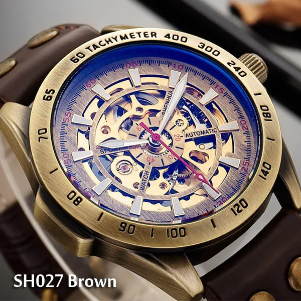 Автоматические механические часы Топ люксовый бренд часы мужские модные спортивные военные наручные часы Полые Череп с автоматическим заводом часы - Цвет: SH027C