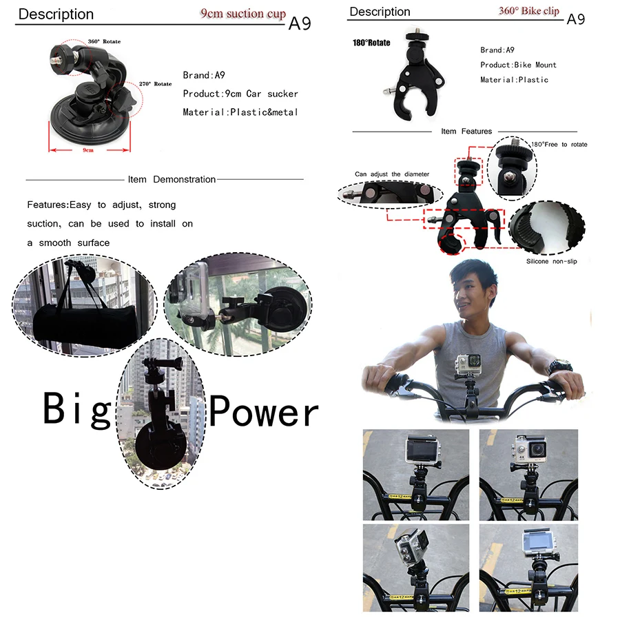 A9 para Gopro accesorios para ir pro kit montaje SJCAM Xiaomi Yi para Sony Ley Cam HDR AS200V AS100V AZ1 mini FDR-X1000V W/4 k - 2