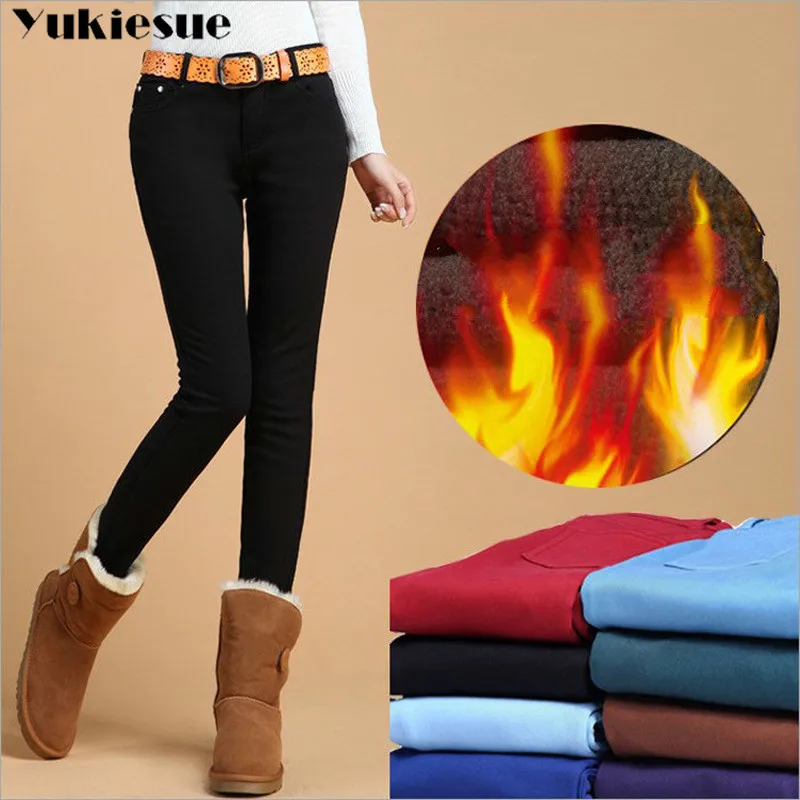 

Velvet Thicker Women Jeans Warm High Waist Trousers candy color Cowboy Pants Denim Jeans Pants Winter Pencil Jeans Plus Size