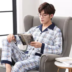 2019 Высокое качество пижамы для мужчин пижамные комплекты трикотажные хлопковые 2 шт. костюм с длинным рукавом Striated домашняя одежда