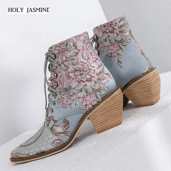 

2019 Spring/Autumn Newest Ankle Boots Women Chinese Style Embroider Fashion Boots Lace Up Ladies Shoes Sky blue/black boots