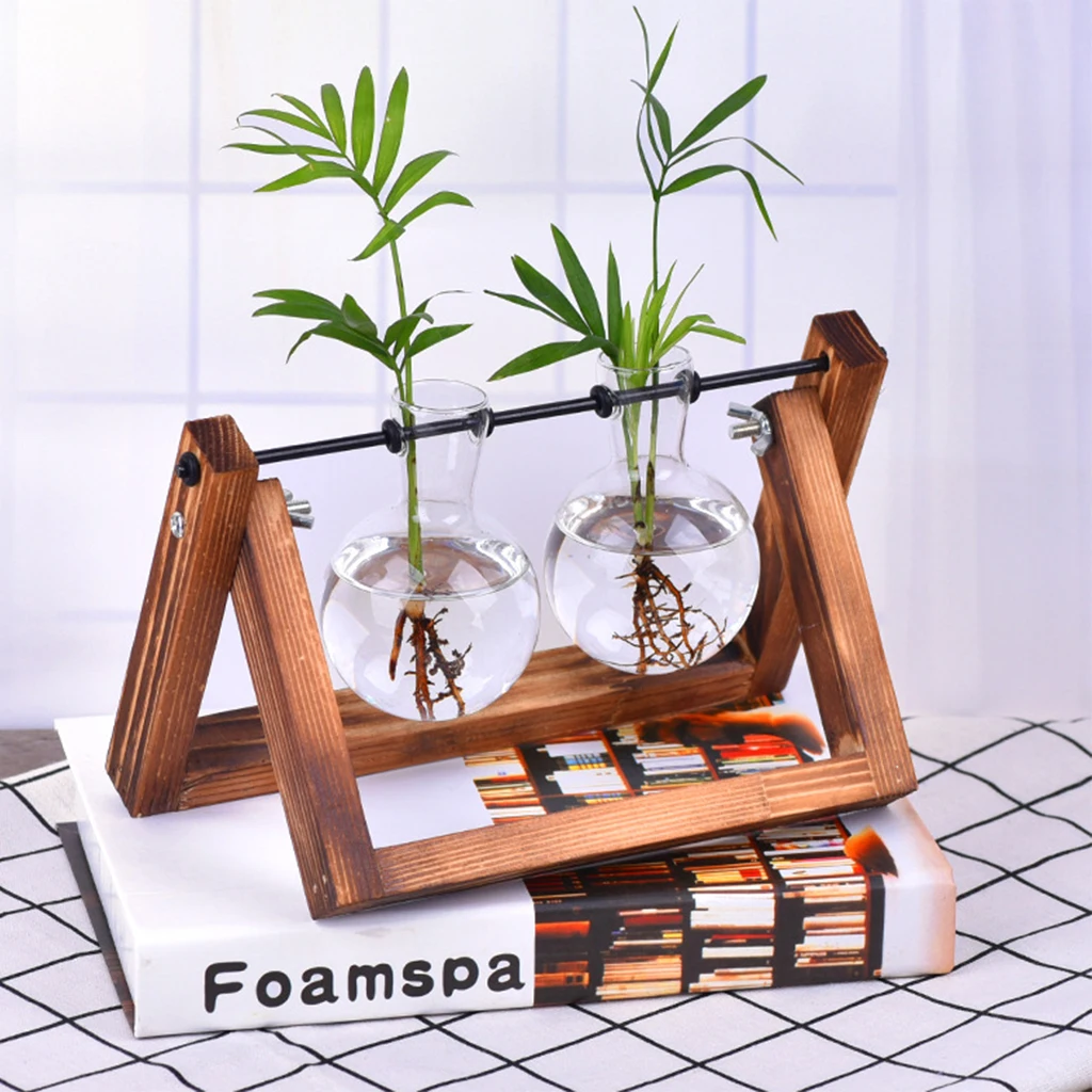 

Hydroponic Plant Vases Glass Vase Planter Terrarium Table Desktop Bonsai Flower Pot Hanging Pots with Wooden Tray Home Decorate