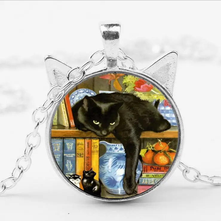 Mens necklace Fashion In The Rain Cat Pictures Pendant Necklace Art Glass Cabochon Picture Animal Silver Chain Necklace Lover Gif