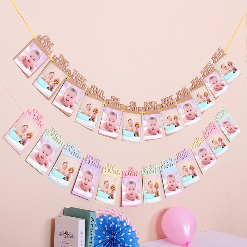 

Baby Photo Banner 1-12 Months Baby 1st Happy Birthday Party Bunting Decoration Boy Girl One Year Old Party Baby Shower Decors