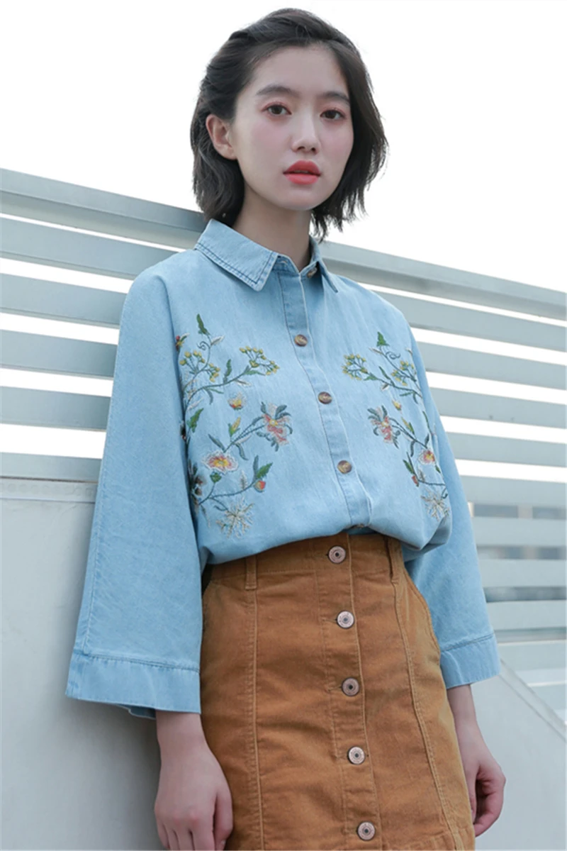 Mori Girl/Модная джинсовая синяя рубашка для женщин в Корейском стиле свободное с