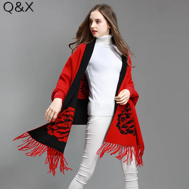 

SC72 2018 Oversize Double Side Scarf Winter Knitted Floral Poncho Women Print Designer Female Long Sleeves Wrap Two Color Shawl