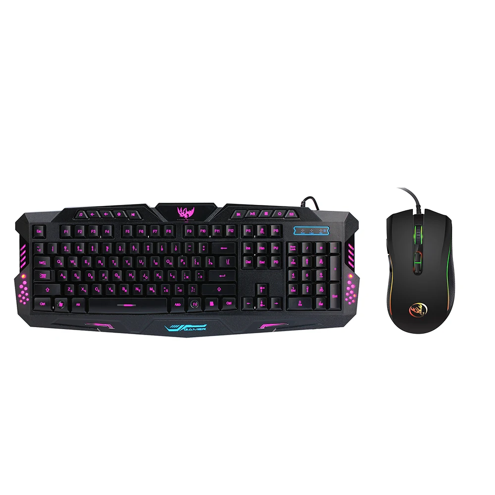 

HSXJ English 3 Backlight Wired Gaming Mouse Keyboard 3200DPI Combo Optical Mice Adjustable DPI 114 Keys English / Russian