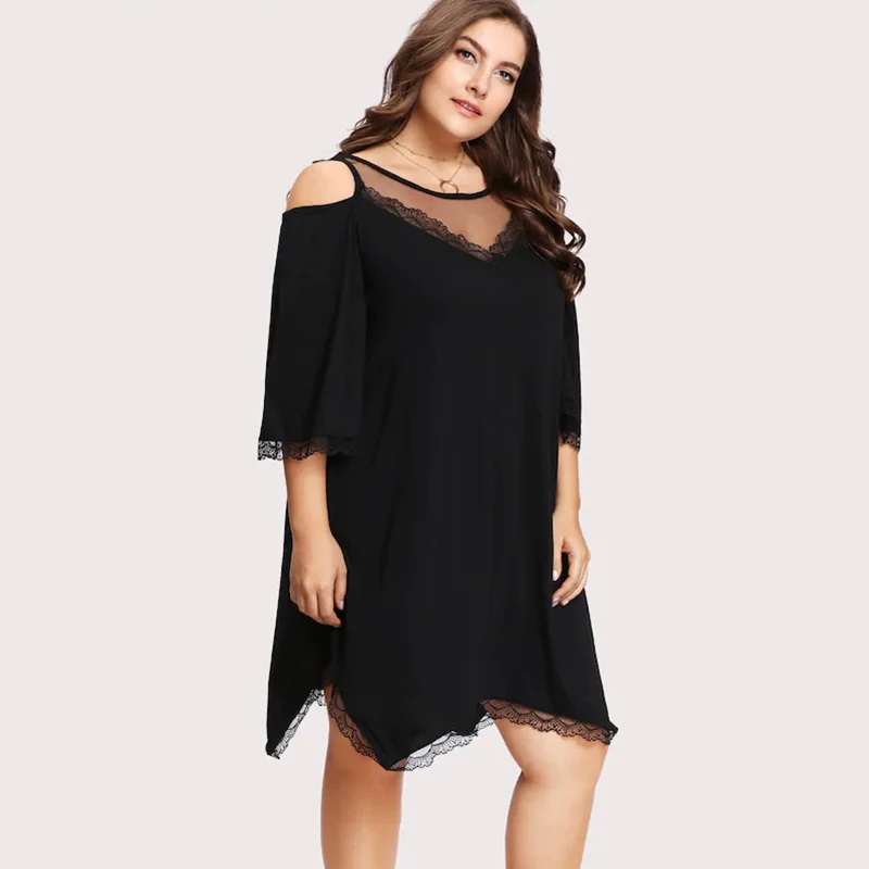 

2019 Hot Sale Micro Fat Big Size Lace Sexy Perspective Loose Bottom Dress Elegant Office Lady Clothes for Women Party Night