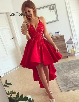 

Sexy Hi Low Red Evening Dress Spaghetti Straps Lace Midi Formal Party Evening Gowns Petite Summer Holiday Graduation Prom Dress