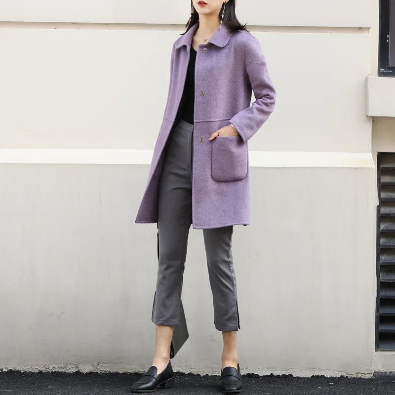 

High-end wool double-faced coat long new pure hand cashmere coat women's long-sleeved turn-down collar big pocket purple coats