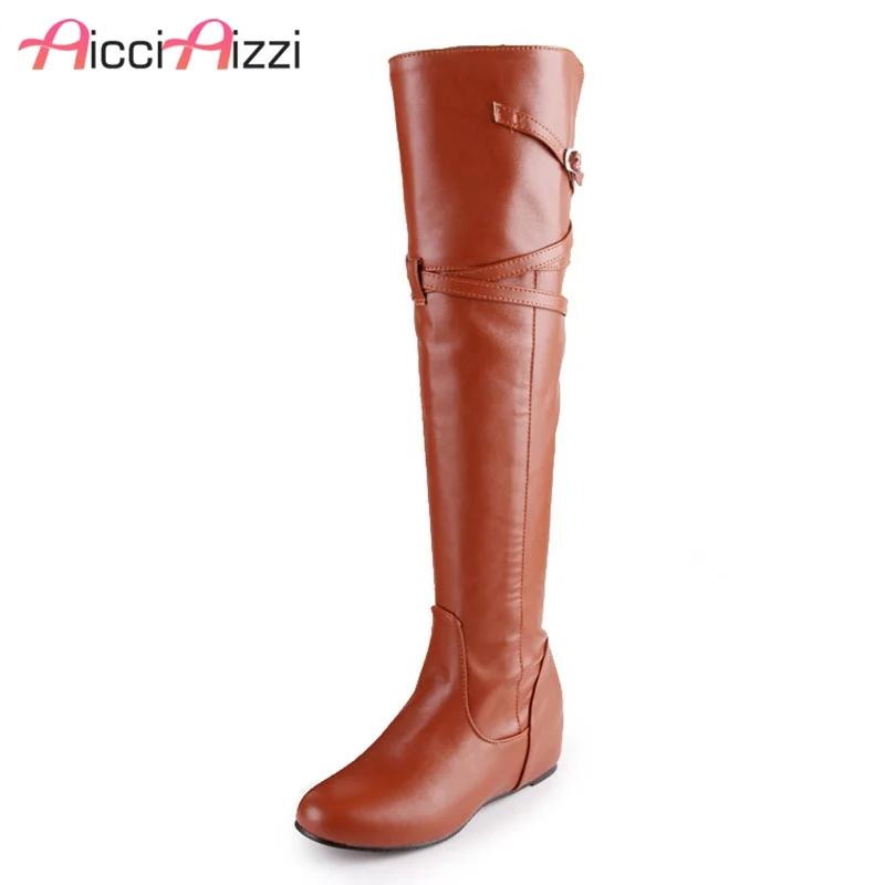 

ZALAVOR 4 Colors Office Lady Wedges Boots Buckle Warm Fur Shoes Women Solid Color Shoes Winter Knee Knight Boots Size 30-47