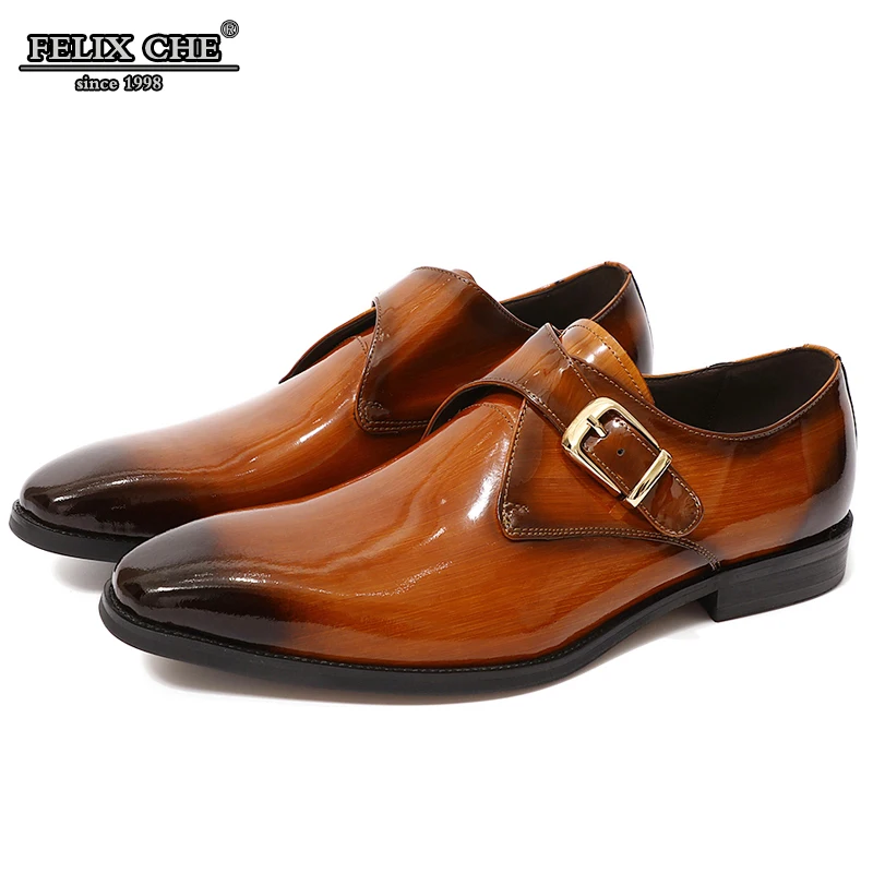 

FELIX CHU 2019 Italian Fashion Men Black Brown Dress Shoes Genuine Leather Slip On Man Formal Suit Footwear with Heels Buckle