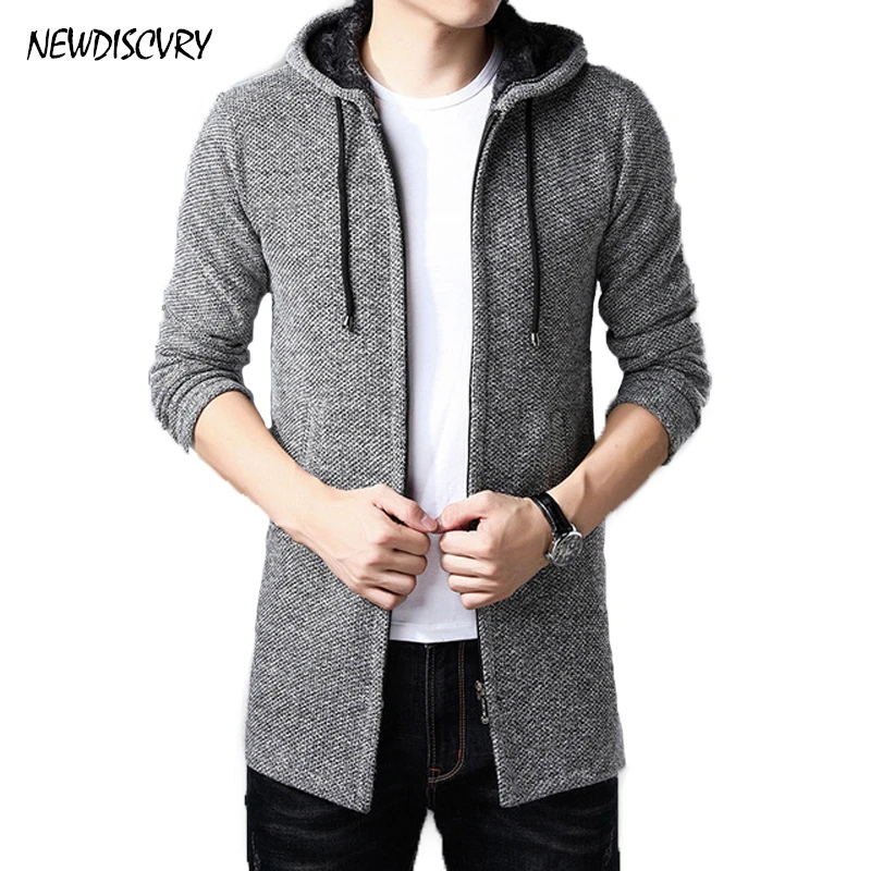 

NEWDISCVRY Men Winter Sweater 2018 Fashion Warm Thick Fleece Long Slim Fit Cardigan With Hood Men Cotton Liner Zipper Black Coat