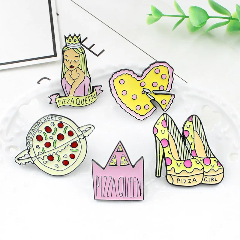 

Cartoon Pizza Queen Enamel Brooch Crown High Heels Planet Heart Pizza Enamel Pins Denim Backpack Badge Girl Pizza Lovers Gifts