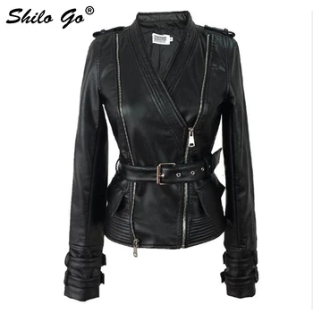 

Streetwear Leather Jacket Womens Winter Sexy V Neck Faux leather coat Rivet Belt Slim Black zipper Casual jacket winter outwear