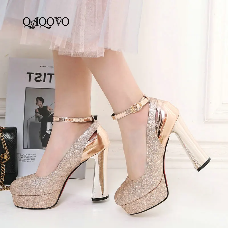 

2019 Spring Autumn Platform Shoes Women Sexy Sequined High Heels Gladiator Pumps Buckle Party Wedding Shoes Female Gold Silver