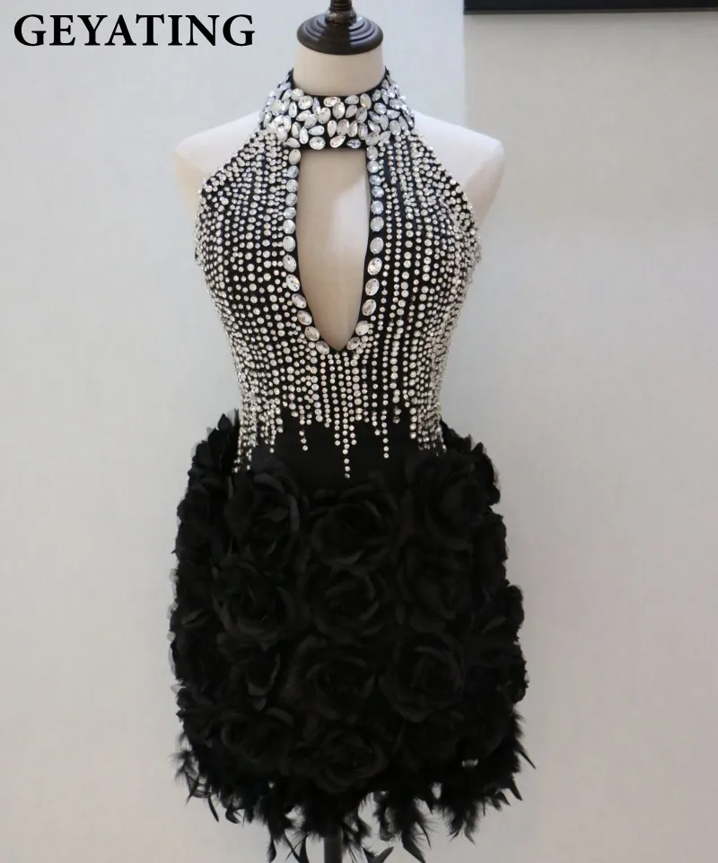 2018 Luxury Rhinestones High Neck Feather Cocktail Dresses Keyhole