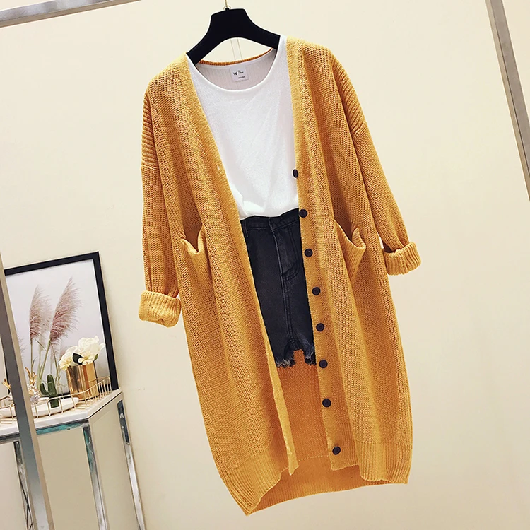 OMCHION Casaco Feminino осенний кардиган с v-образным вырезом и карманами, Женский Повседневный корейский вязаный свитер, пальто, теплый свободный джемпер LP182