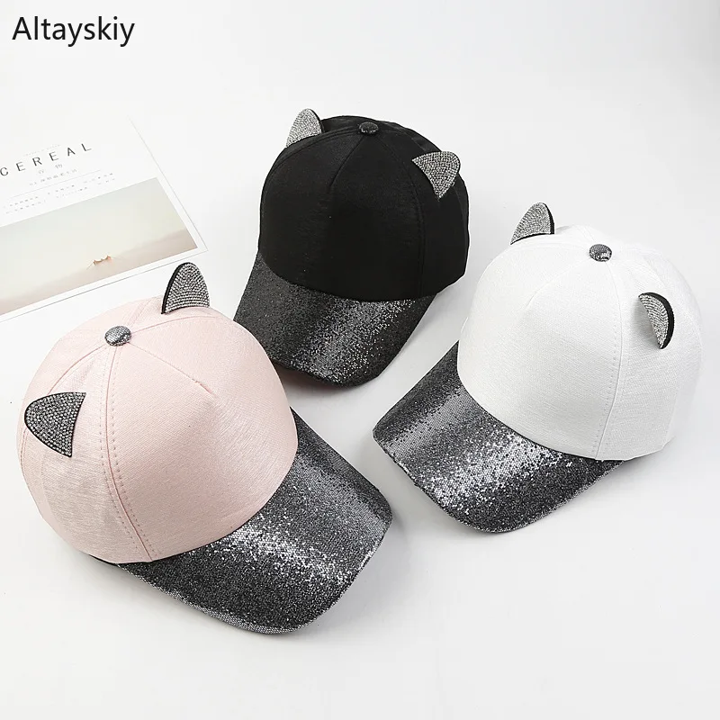

Baseball Caps Women Sun Shade Kawaii Cartoon Cat Ears Sequins Womens Cap Korean Style Lovely Girls Simple All-match Trendy Chic