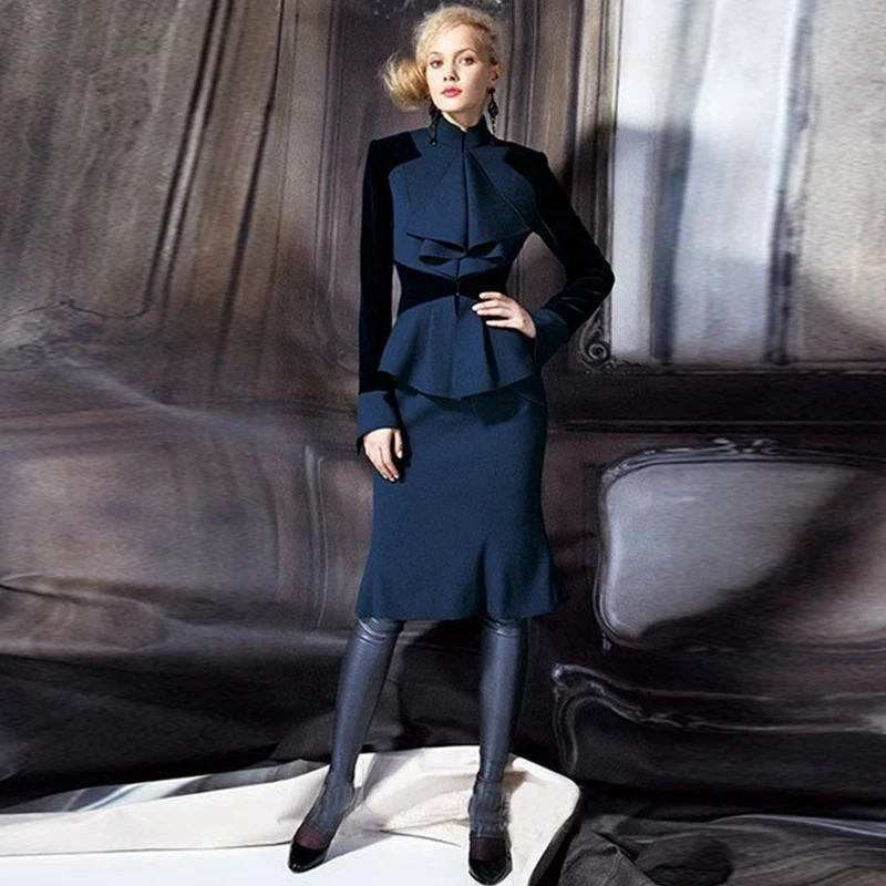 

New Fashion High Quality Party Workplace Sexy Long Sleeve Jacket Mermaid Pencil Half Skirt Vintage Elegant Chic Women'S Sets