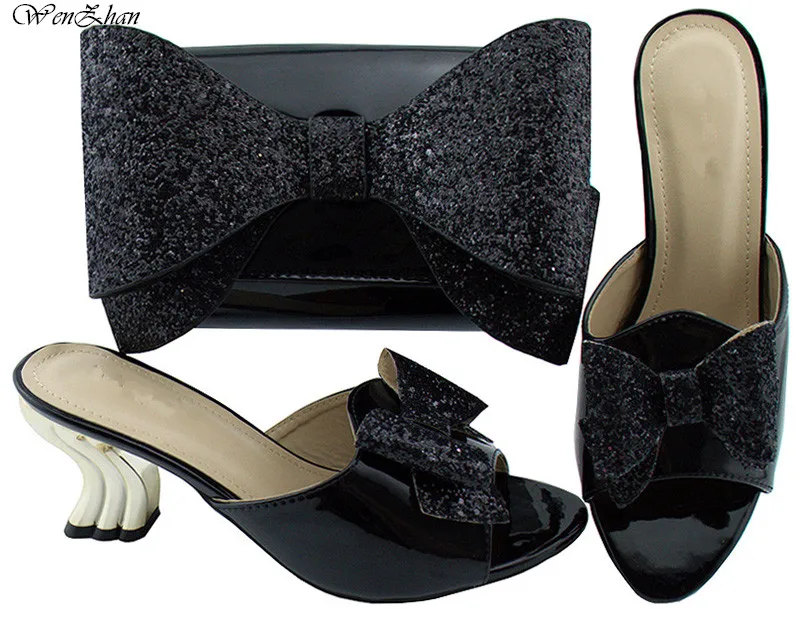 

Newest italian shoes match bag sets nigerian shoes pump Strong Heel And Clutch Bag With Black shining paillette bow tie B85-15