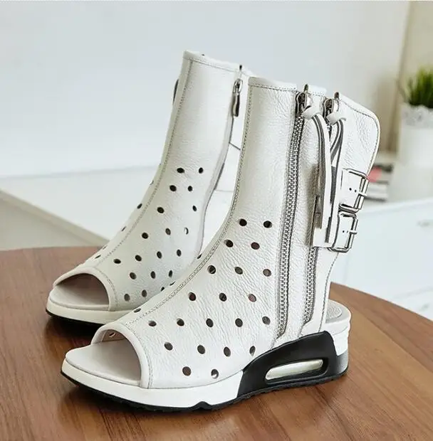 

Newest Style Women White Black Yellow Peep Toe Mid-Calf Sandal Boots Summer Fashion Casual Flat With Boots Side Zipper Free Ship