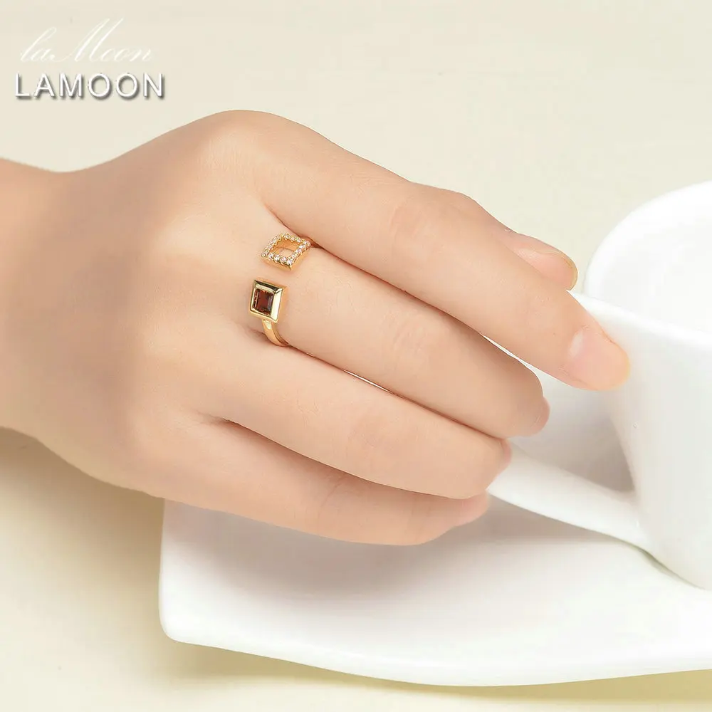 LAMOON S925 Silver Square Rings for Women 0.25ct 100% Natural Red Garnet Gemstone Ring Fine Jewelry Bijoux Wedding Band RI020