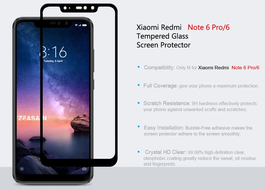 Original ZEASAIN Tempered Glass for Xiaomi Redmi Note 6 Pro Note6 Pro Screen Protector 9H HD Clarity Toughened Glass Film (5)