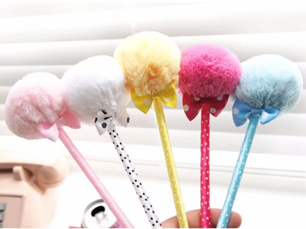

5pcs/lot Colorful PomPom Ribbon Pen , Plush Ballpoint Pen for Office & School Supplies Writing Gift Pen , 0.5mm Blue Ink