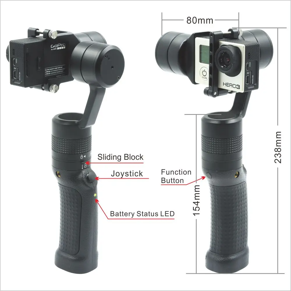 

3-Axis Handheld Gimbal Stabilizer Multi Operation Modes for GoPro Hero 4 3+, 3, Yi 4K and Similarly Sized Action Camera