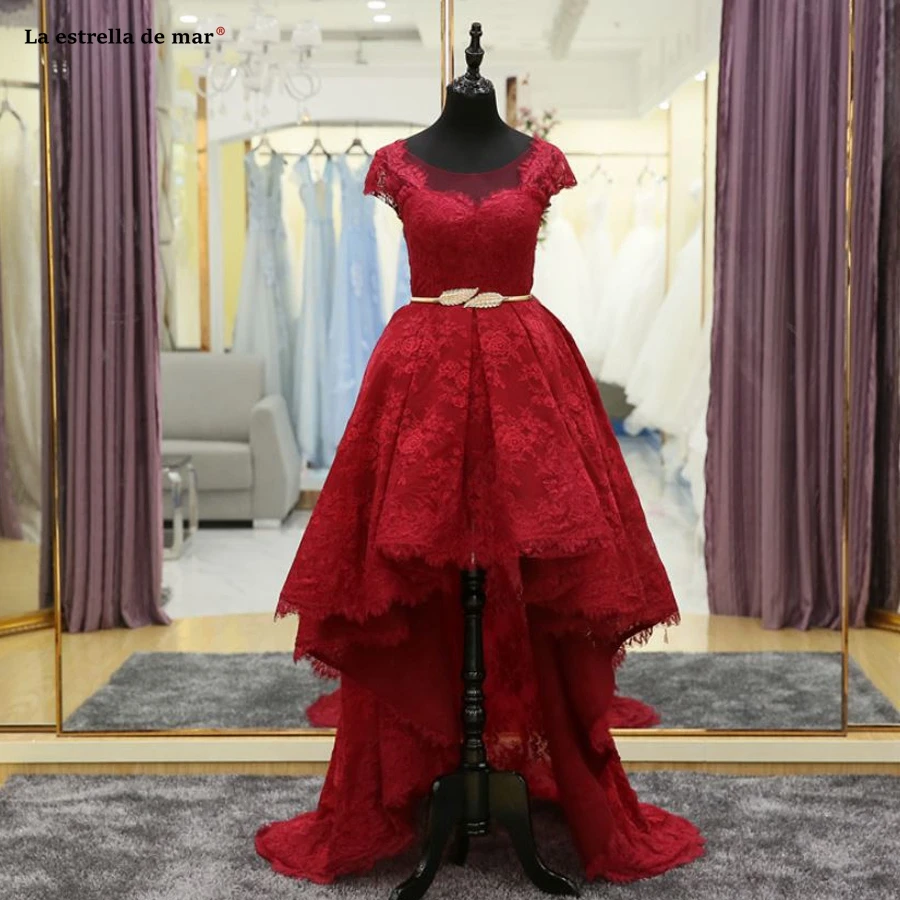 burgundy high low prom dresses