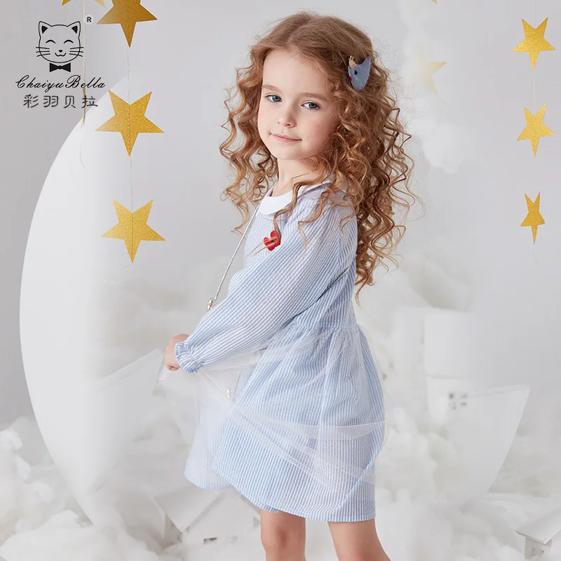 

2019 Spring New Doll Collar Striped Children's Dress Love Embroidery Bow Mesh Girl Dress