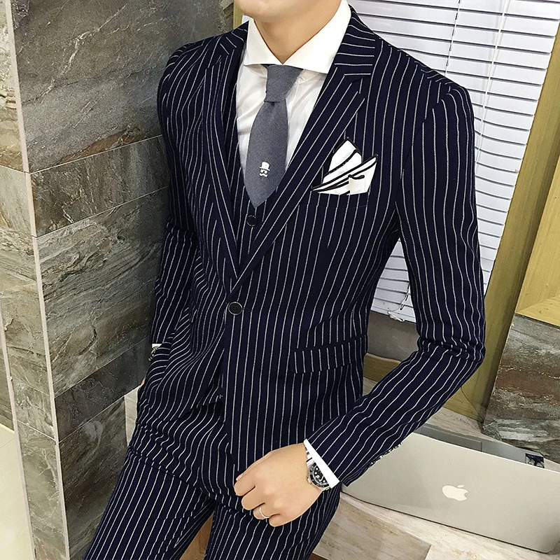 10006 8 De Réductioncostume Homme Rayé Automne Hiver Mariage Marié Costume Noir Gris Rayure Busines Costume Formel Costume Mariage Homme Gris