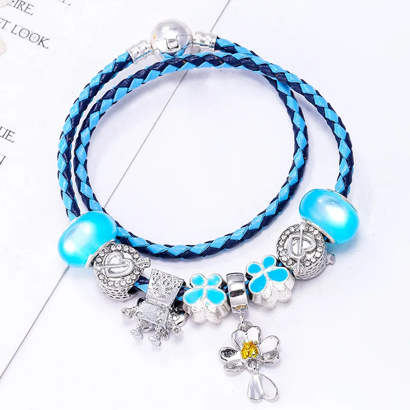 Blue Розовый синий цветок бусины подходят браслет талисманы браслеты кожаные ювелирные изделия плетеные веревки цепи браслеты для женщин девочек детский подарок - Окраска металла: Blue
