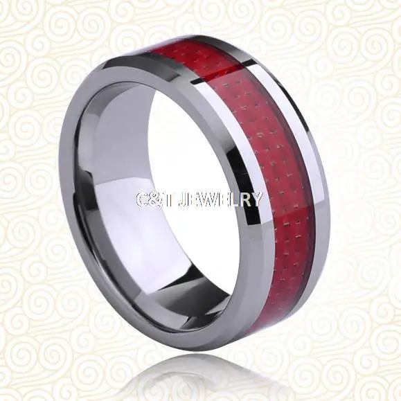 Free Engrave 8MM Tungsten Carbide red Carbon Fiber Unisex Wedding Band Ring Mens Ladies Gift AAAALI